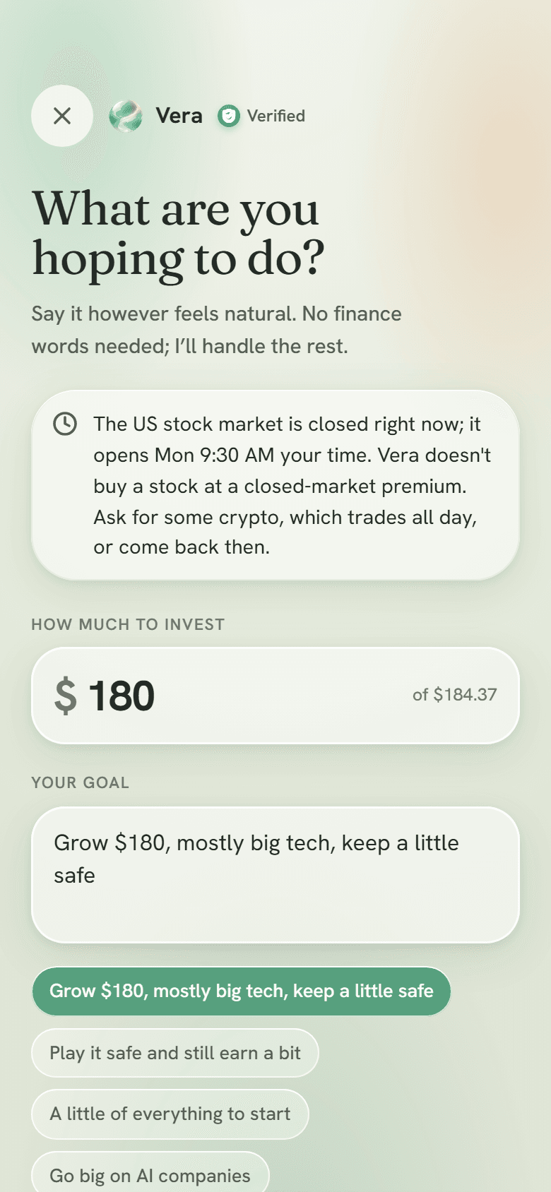 The goal screen after Vera said no: a note says the US stock market is closed and when it opens in your own time, with the $180 amount and the goal you typed kept in place.
