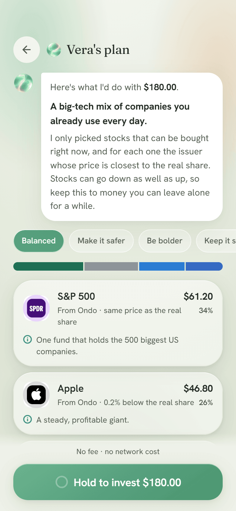 Vera's plan: a mix of the S&P 500, Apple, Microsoft and Google, each with the company it is bought from, how its price compares with the real share, and a one-line reason.